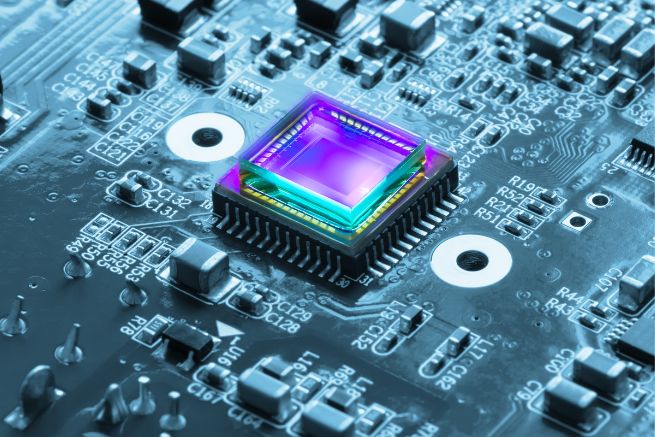 Photosensitive sensor on a printed circuit board closeup with a violet glow.